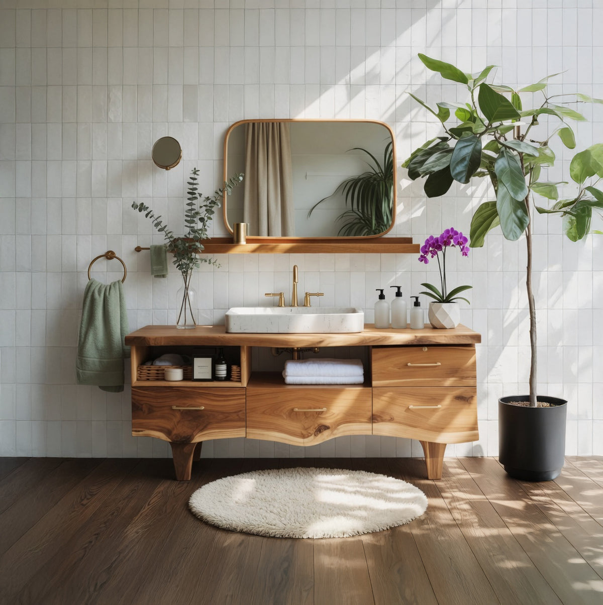 Handcrafted Solid Wood Bathroom Vanity-Live Edge Design with Storage