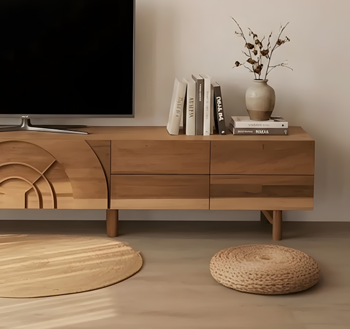 Handcrafted Solid Wood Carved TV Console with Artistic Arch Motif