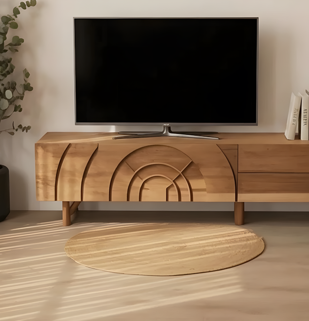 Handcrafted Solid Wood Carved TV Console with Artistic Arch Motif