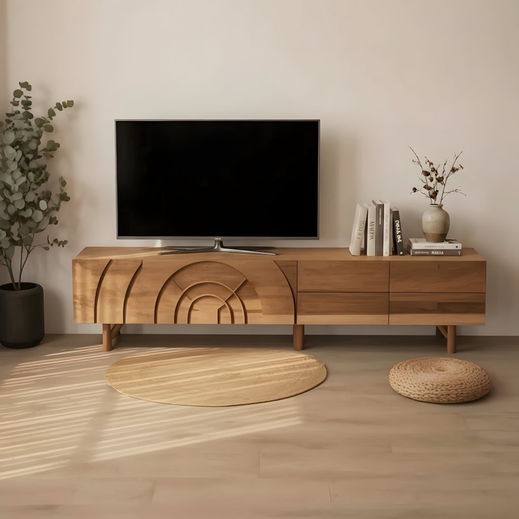Handcrafted Solid Wood Carved TV Console with Artistic Arch Motif