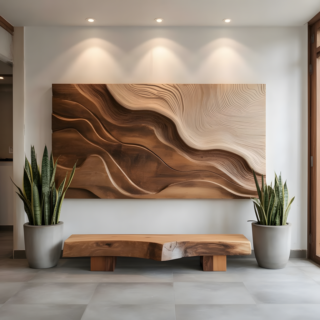 Handcrafted Solid Wood Carved Wall Art-Organic Wave Sculpture