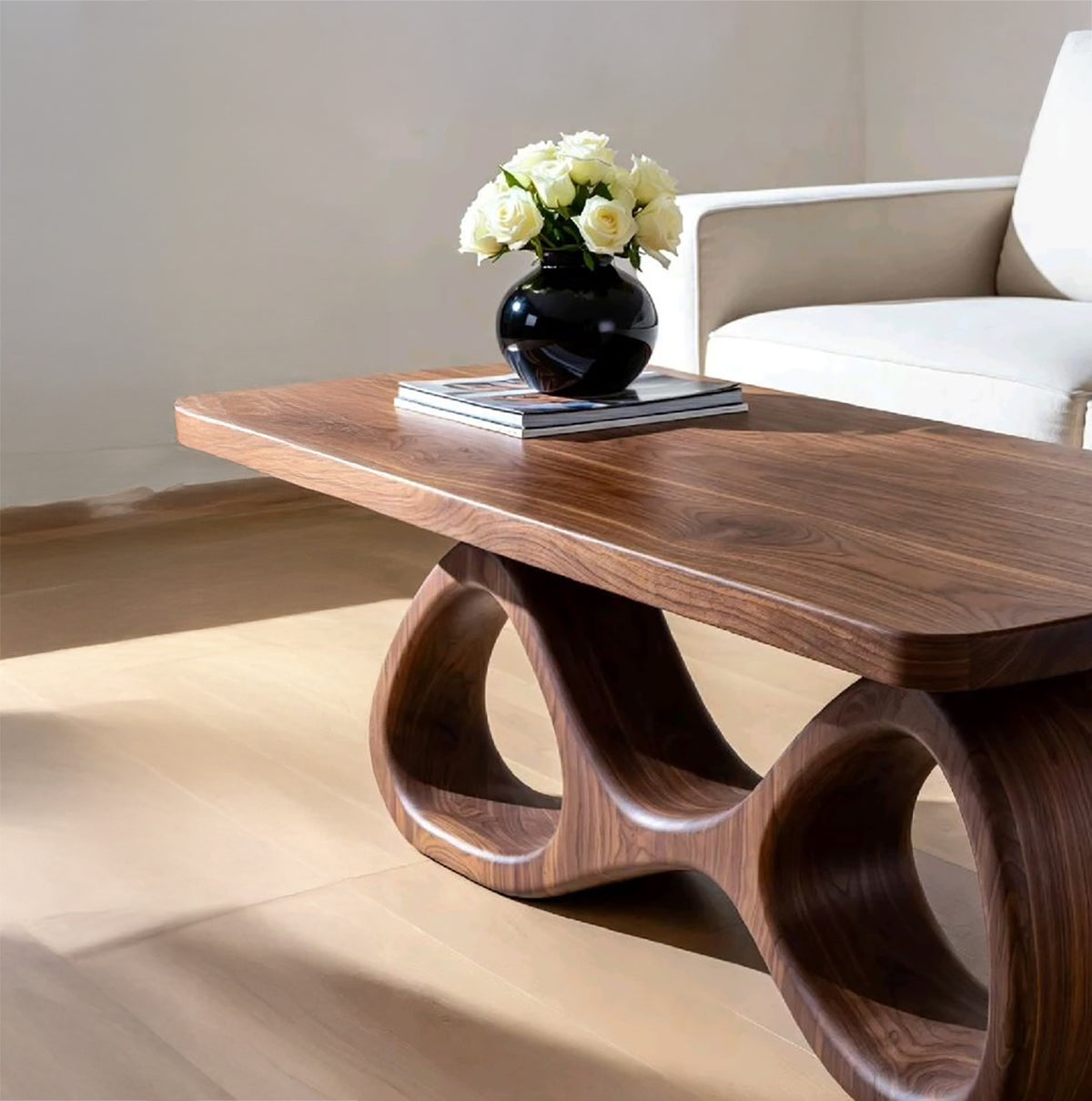 Handcrafted Solid Wood Coffee Table with Curved Abstract Base Mid Century Modern Living Room Furniture