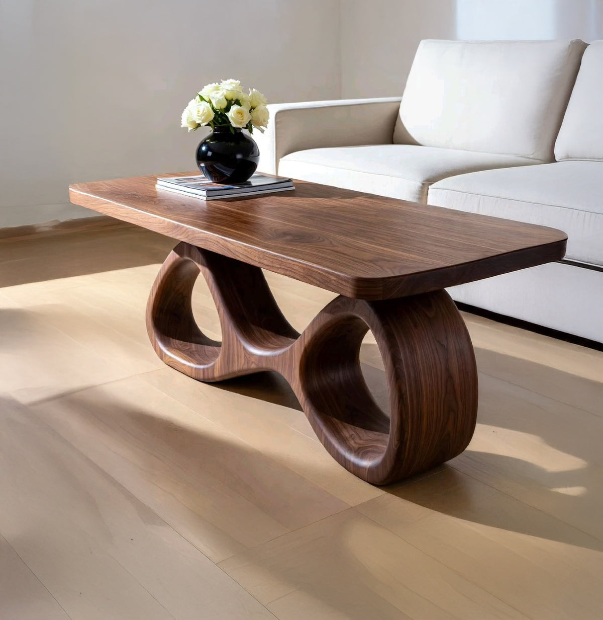 Handcrafted Solid Wood Coffee Table with Curved Abstract Base Mid Century Modern Living Room Furniture