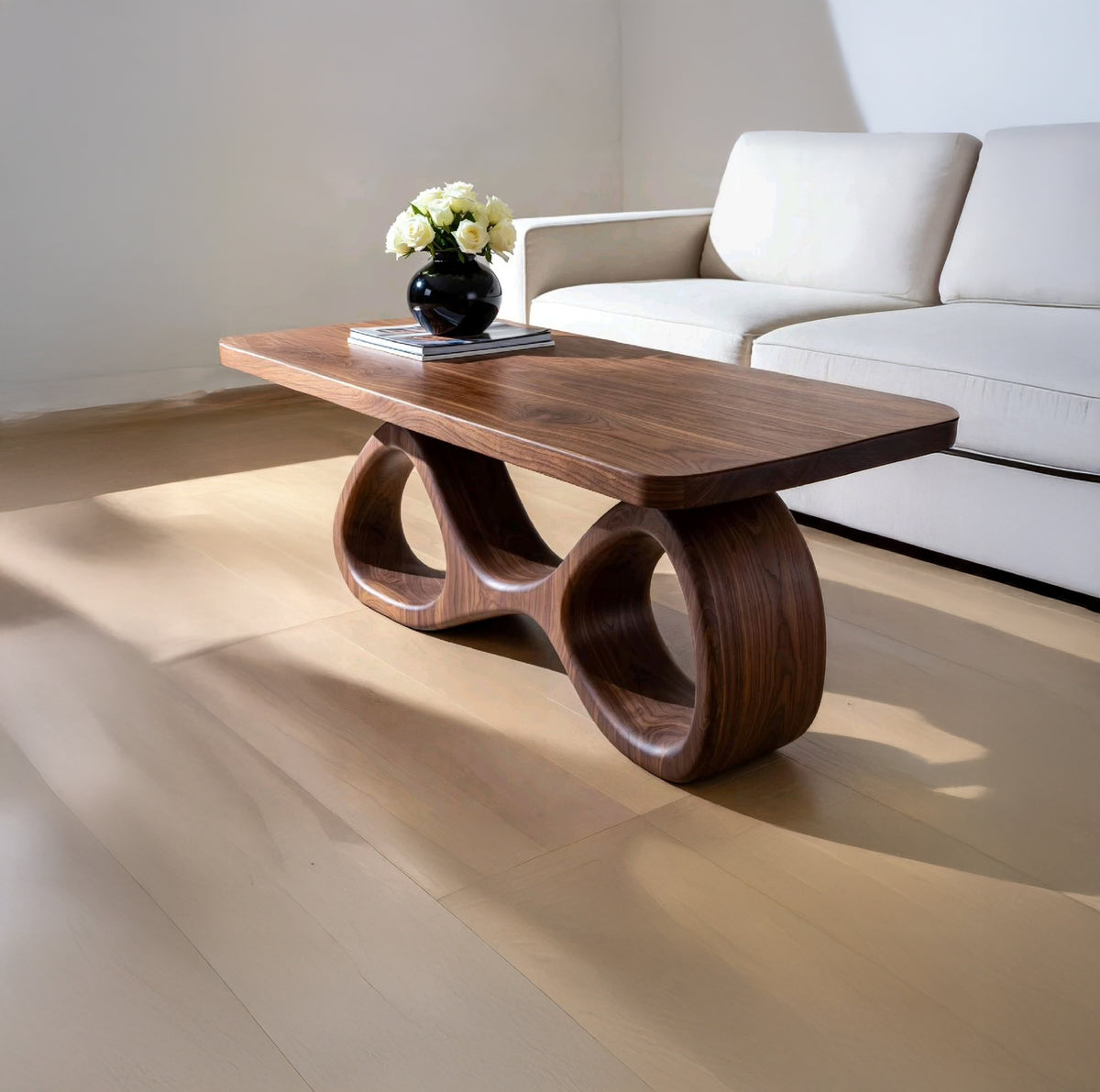 Handcrafted Solid Wood Coffee Table with Curved Abstract Base Mid Century Modern Living Room Furniture