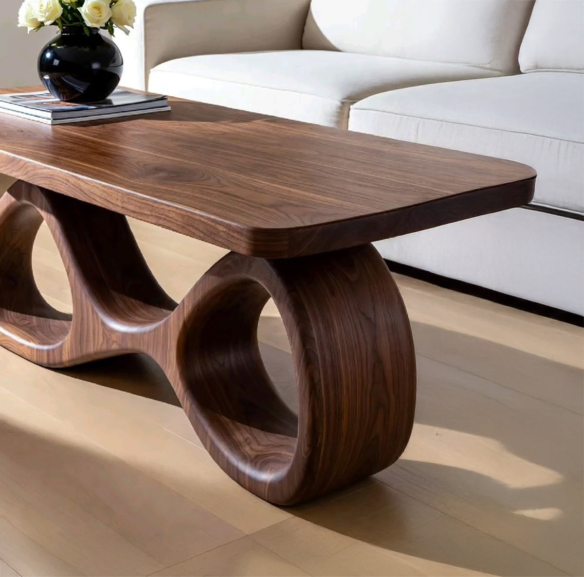 Handcrafted Solid Wood Coffee Table with Curved Abstract Base Mid Century Modern Living Room Furniture