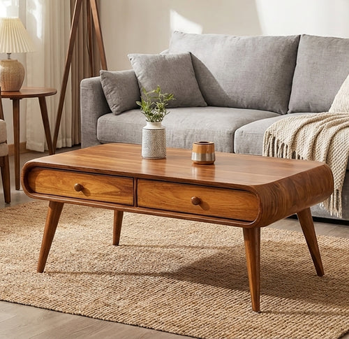 Handcrafted Solid Wood Coffee Table with Drawers Mid-Century Modern Elegance