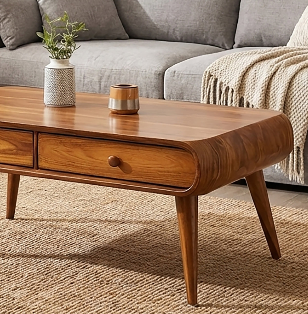 Handcrafted Solid Wood Coffee Table with Drawers Mid-Century Modern Elegance