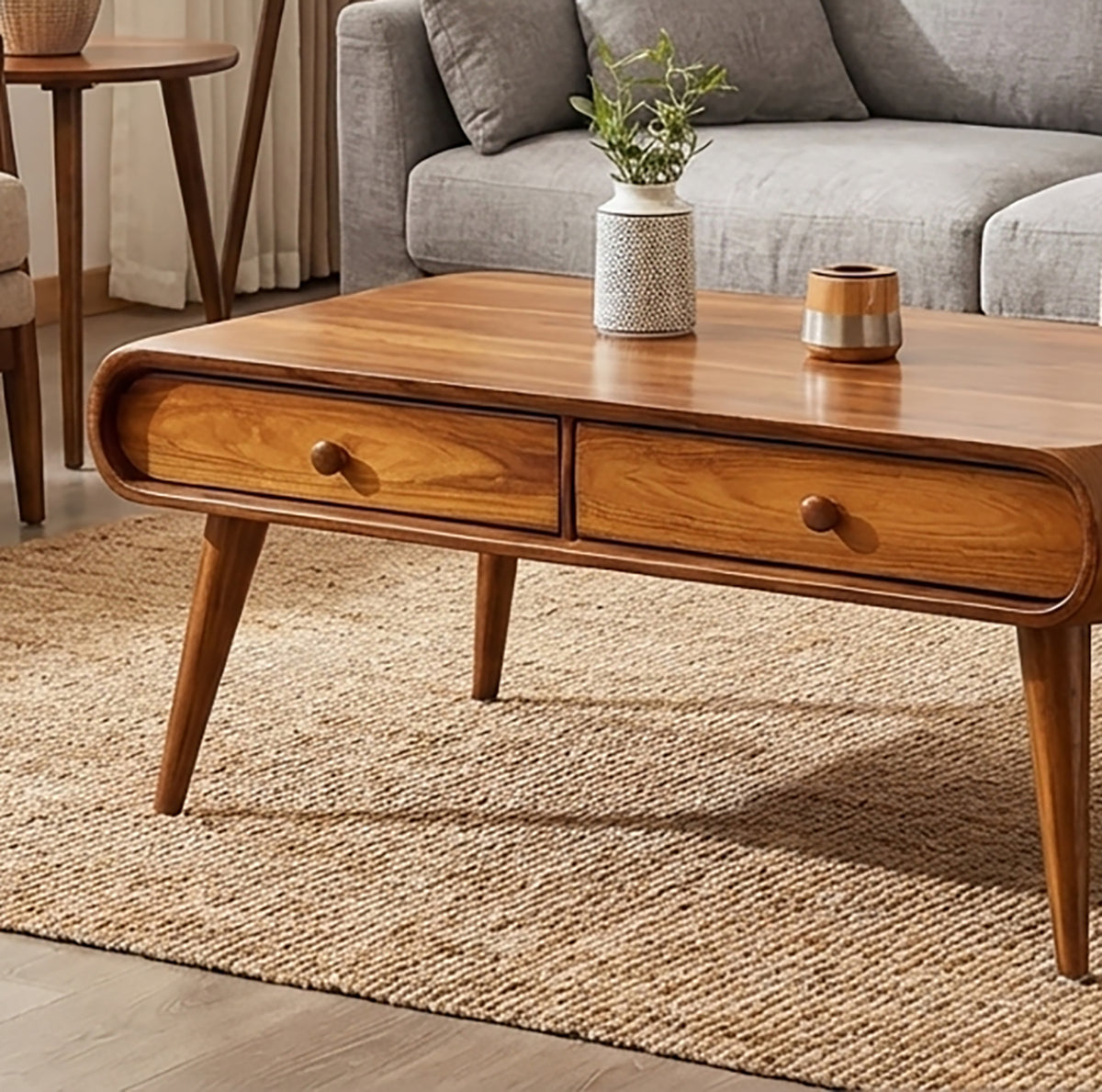 Handcrafted Solid Wood Coffee Table with Drawers Mid-Century Modern Elegance