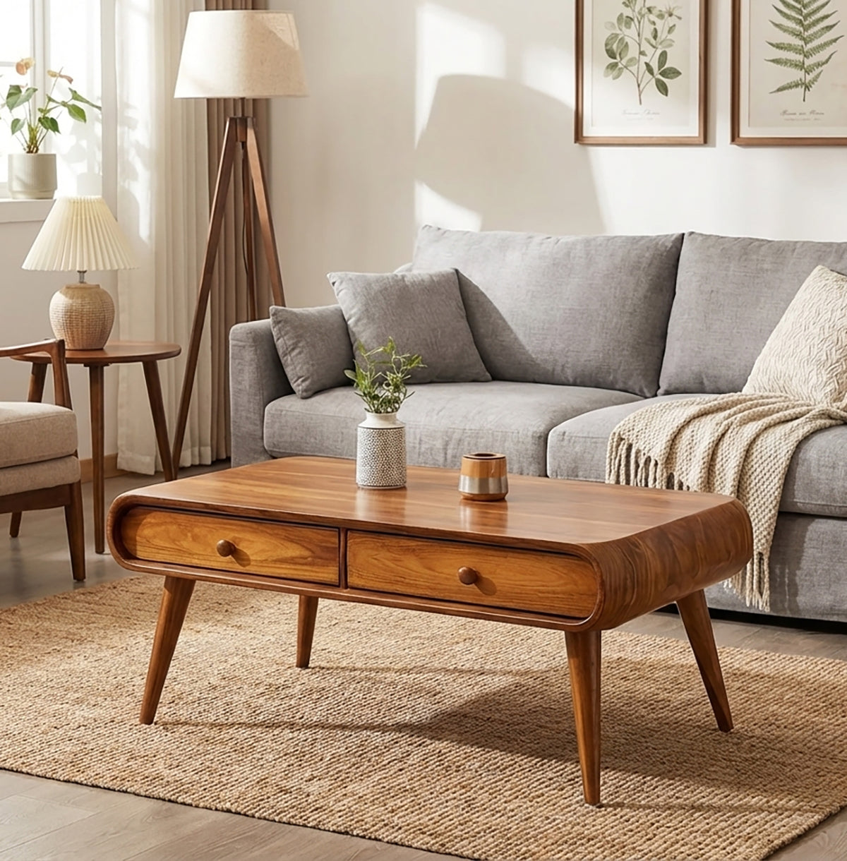 Handcrafted Solid Wood Coffee Table with Drawers Mid-Century Modern Elegance