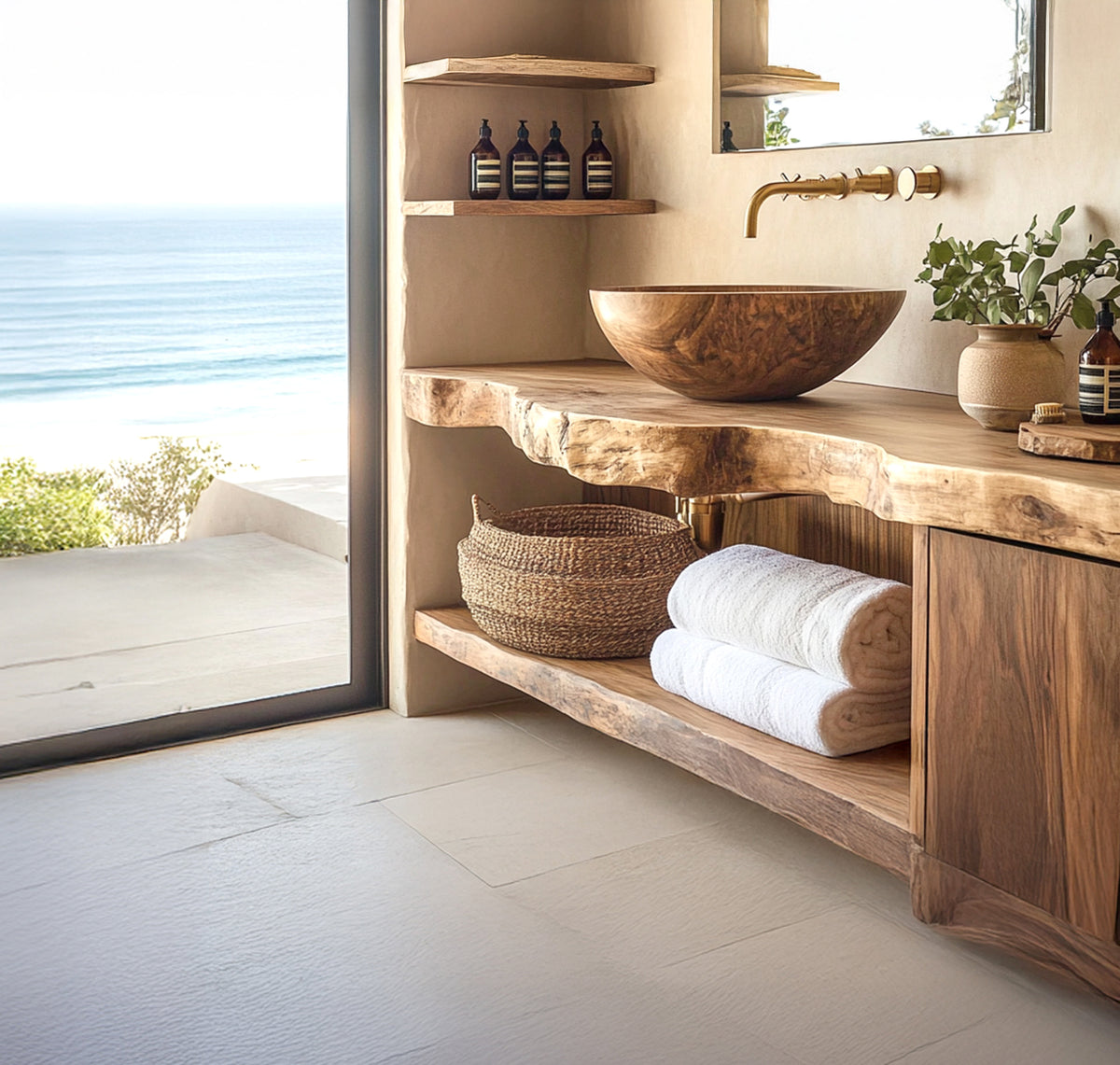 Handcrafted Solid Wood Floating Bathroom Vanity with Cabinet & Shelves
