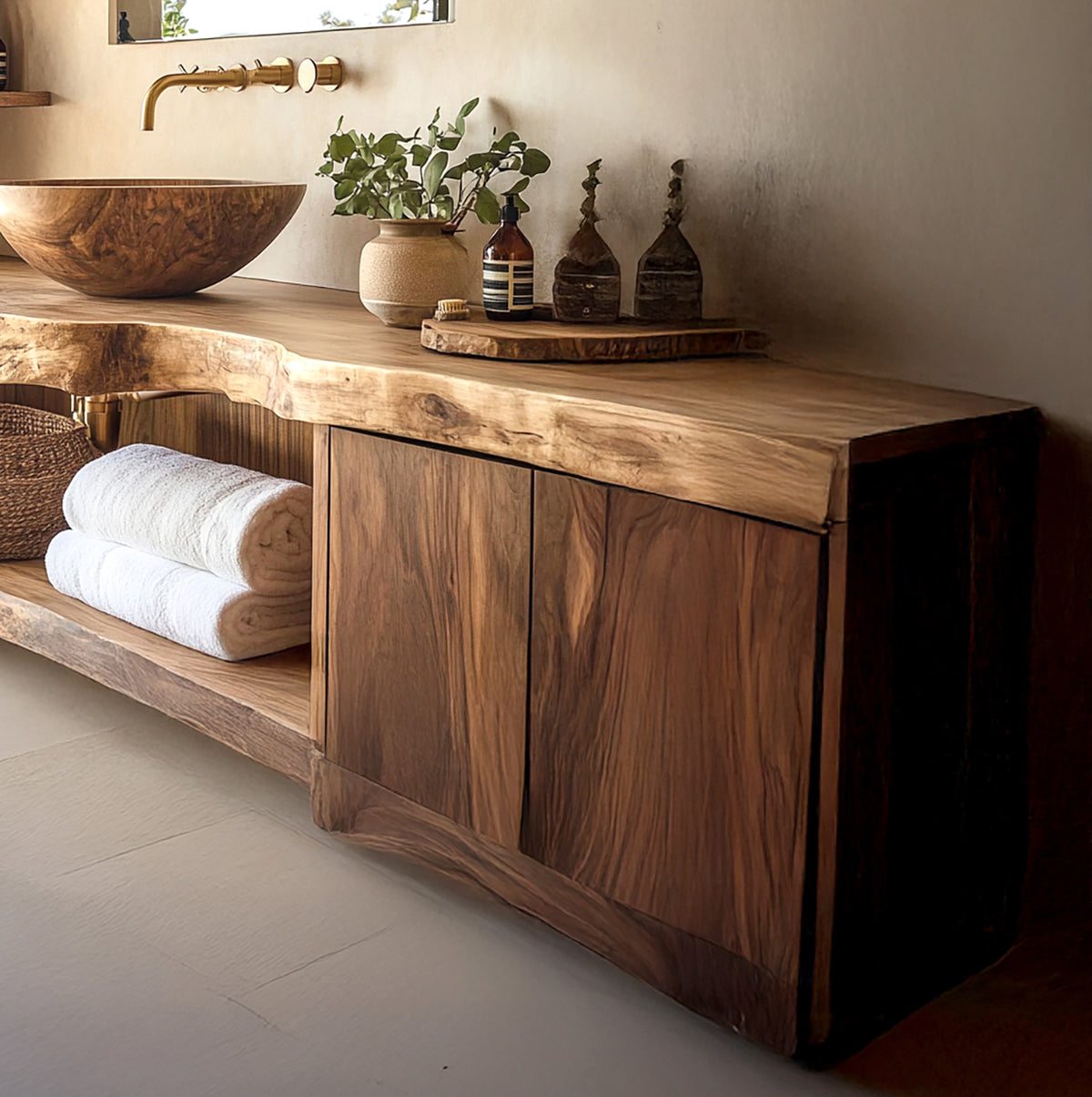 Handcrafted Solid Wood Floating Bathroom Vanity with Cabinet & Shelves