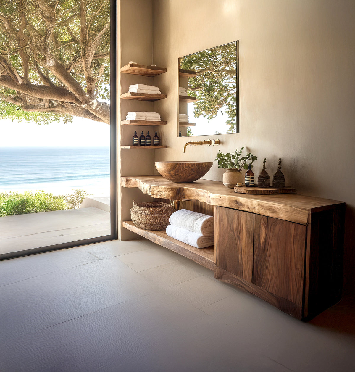 Handcrafted Solid Wood Floating Bathroom Vanity with Cabinet & Shelves