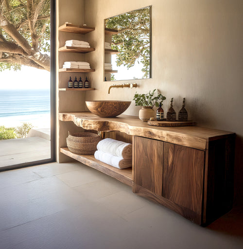 Handcrafted Solid Wood Floating Bathroom Vanity with Cabinet & Shelves