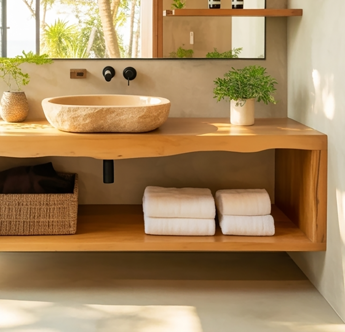 Handcrafted Solid Wood Floating Bathroom Vanity with Organic Live Edge