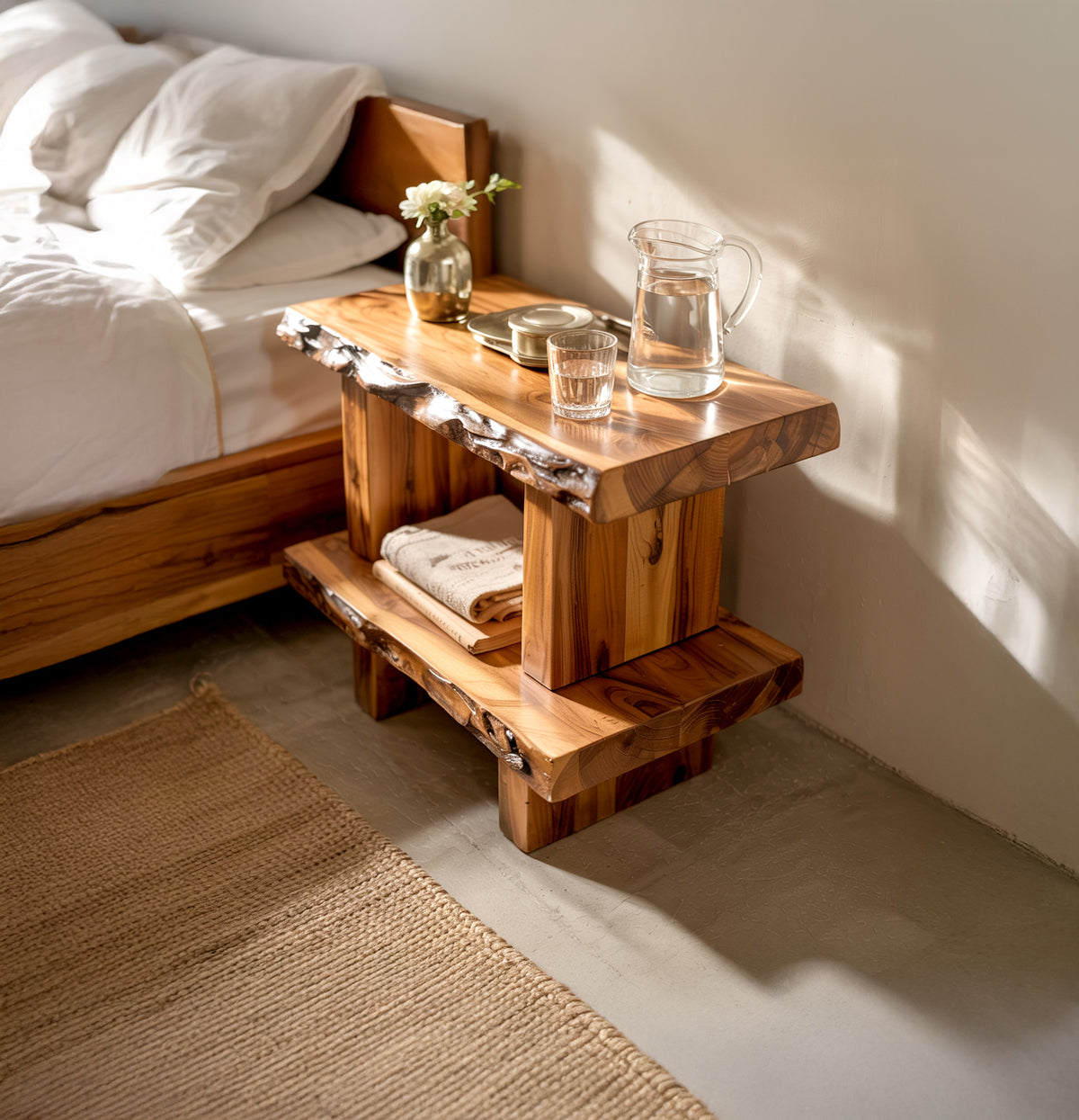 Live edge solid wood nightstand with organic two tier design