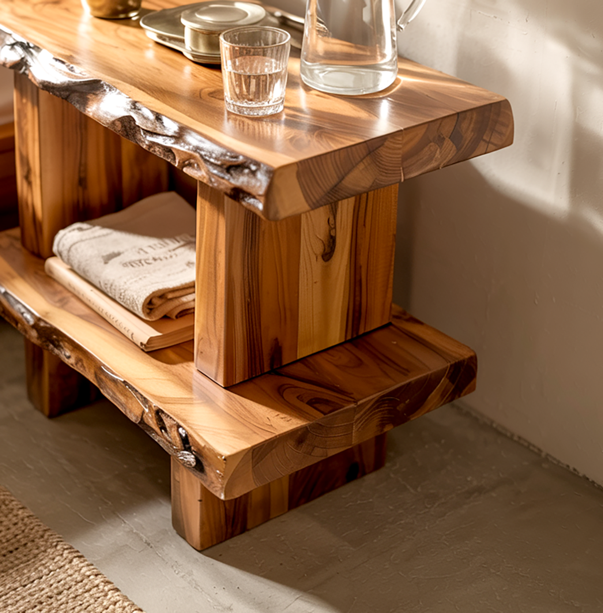 Handcrafted wooden bedside table with natural live edge
