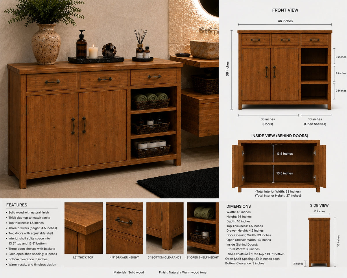 Handcrafted Solid Wood Multi-Zone Storage Cabinet, Bathroom Vanity Credenza & Accent Sideboard