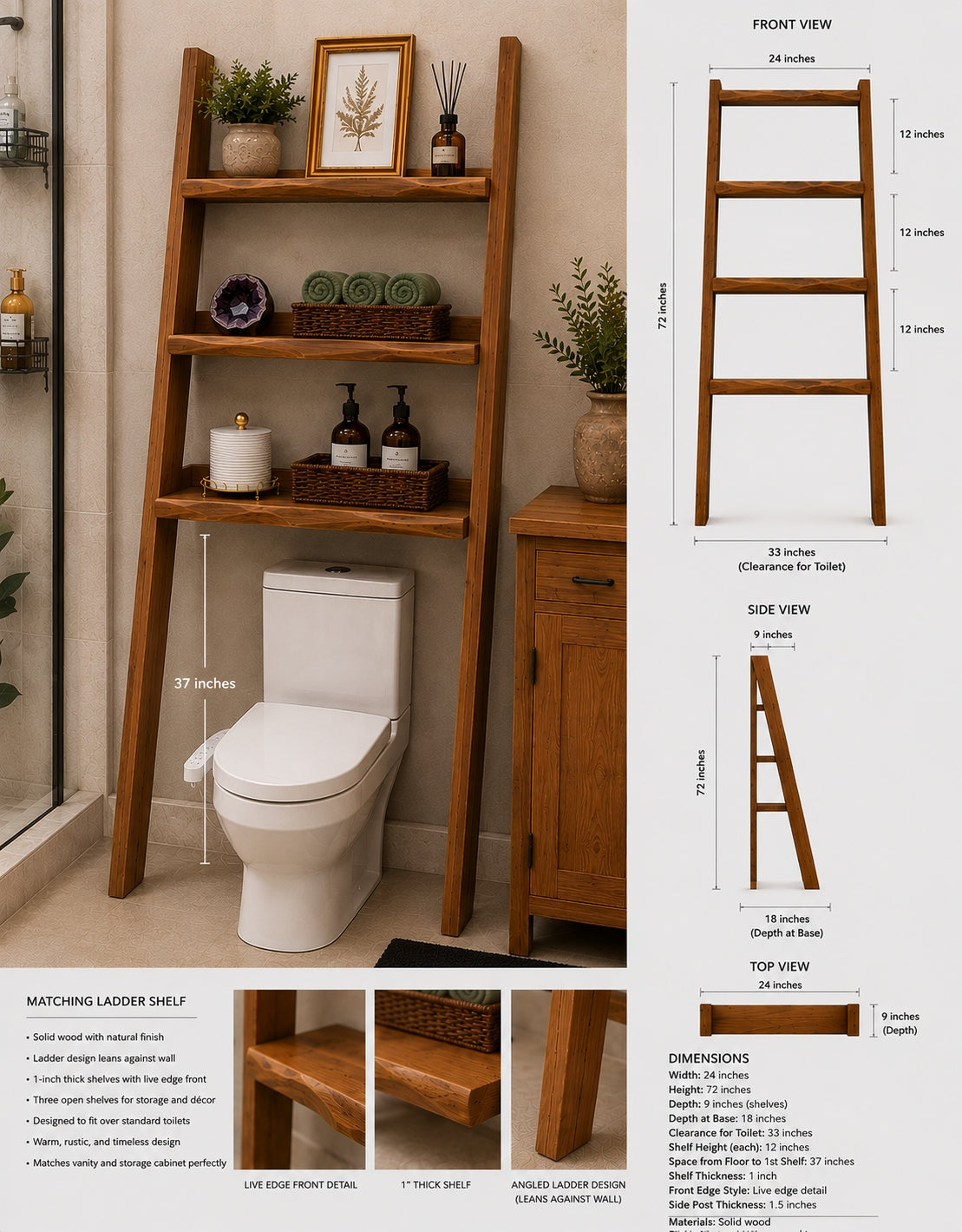 Handcrafted Solid Wood Over-The-Toilet Leaning Ladder Storage Shelf with 3 Live-Edge Display Tiers