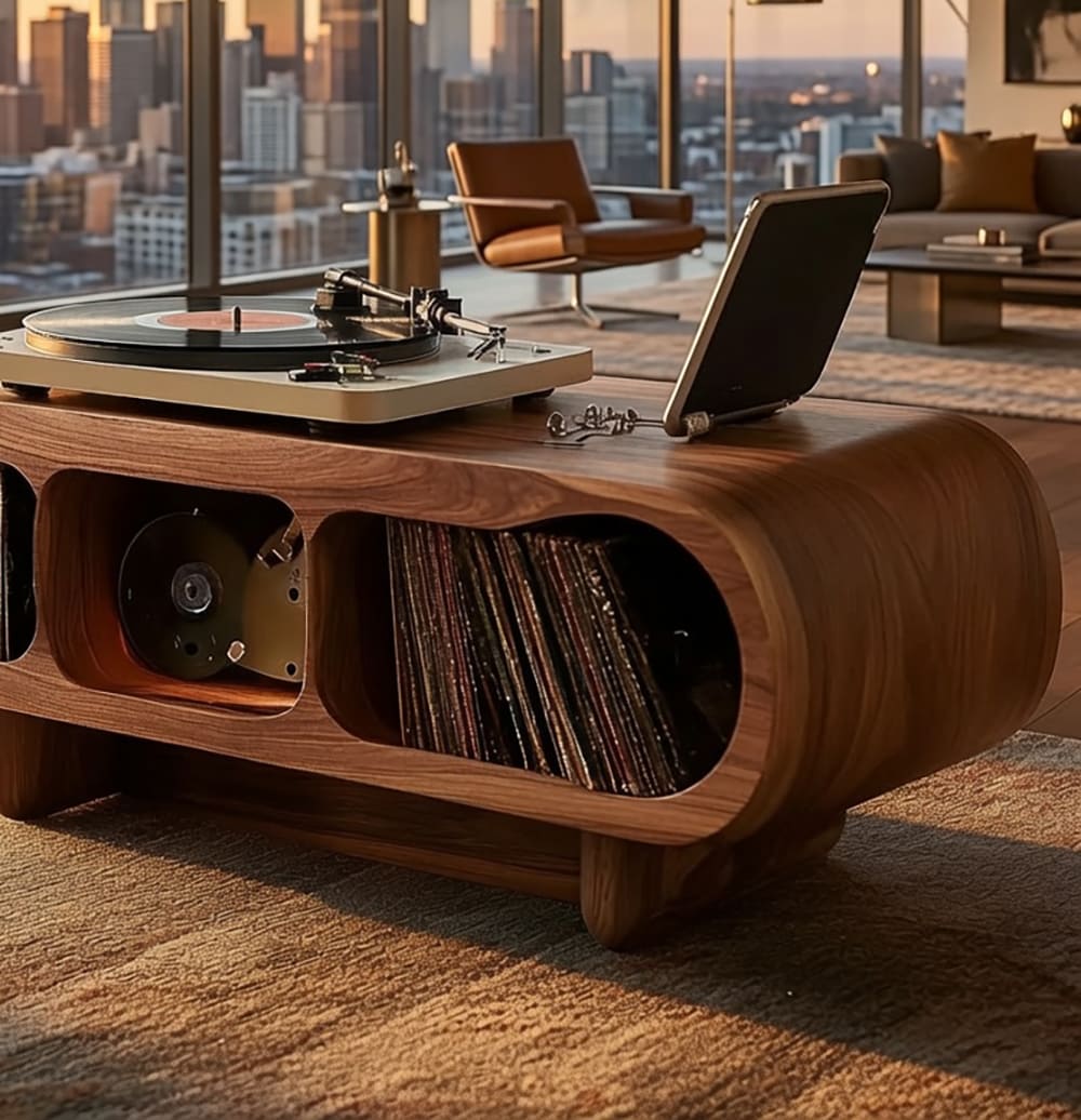 Modern record storage stand in solid wood