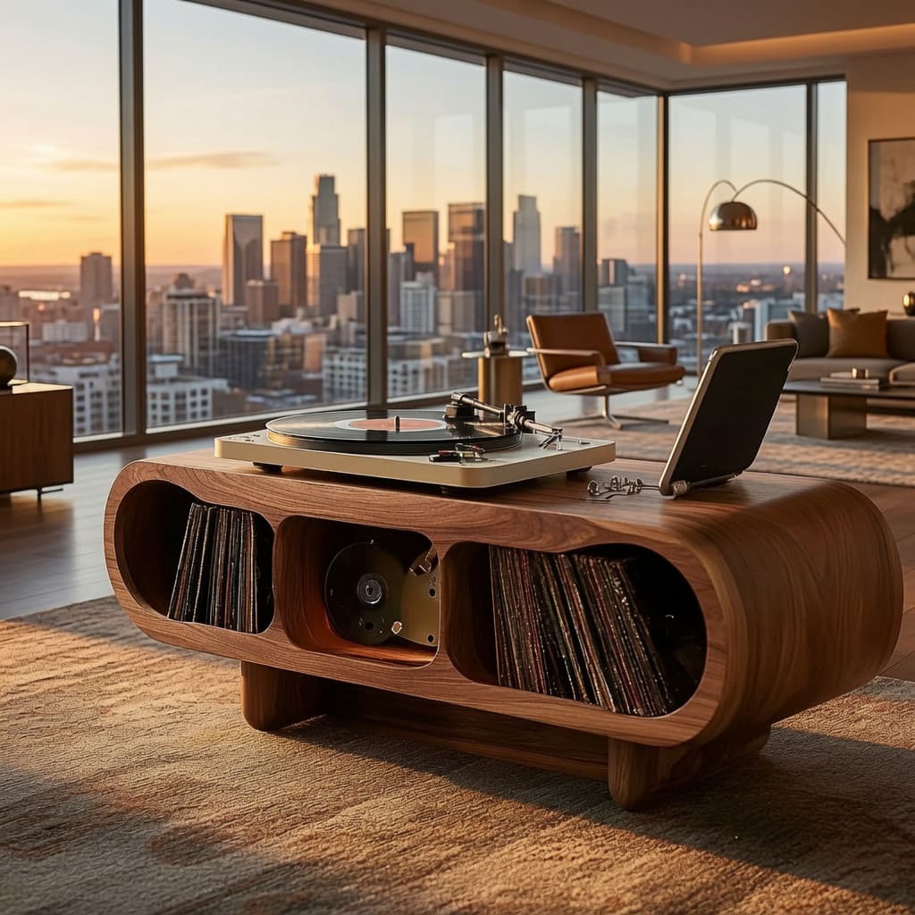Handcrafted solid wood record stand in a modern living room