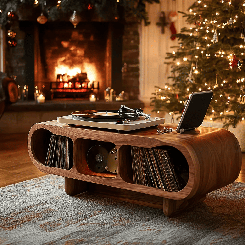 Contemporary record display stand in solid wood