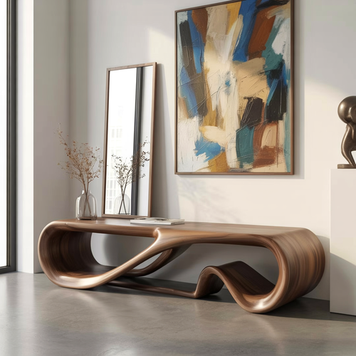 Handcrafted Solid Wood Sculptural Bench – Organic Wave Design