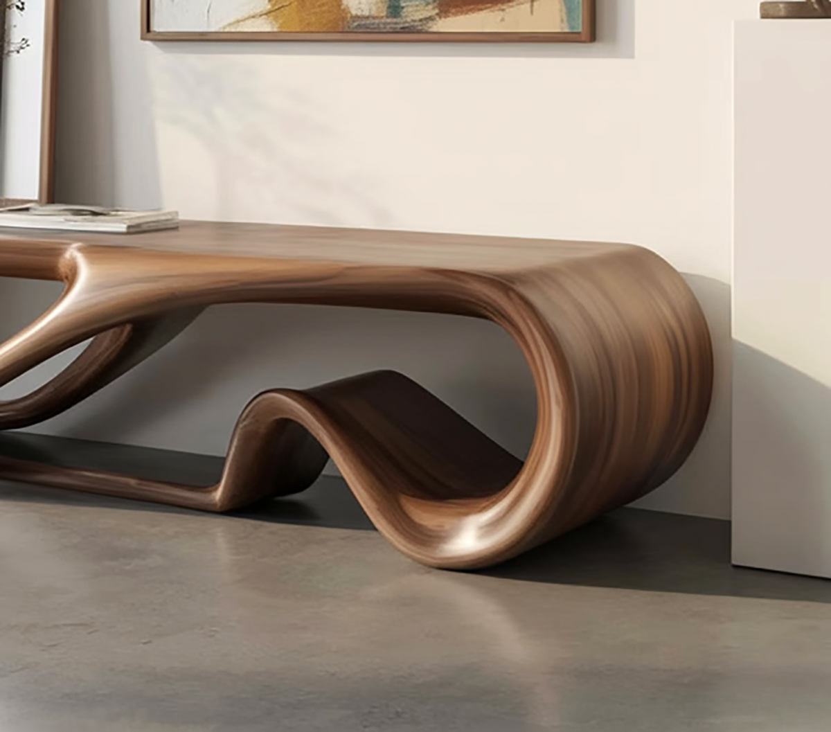 Handcrafted wooden bench with flowing curved silhouette
