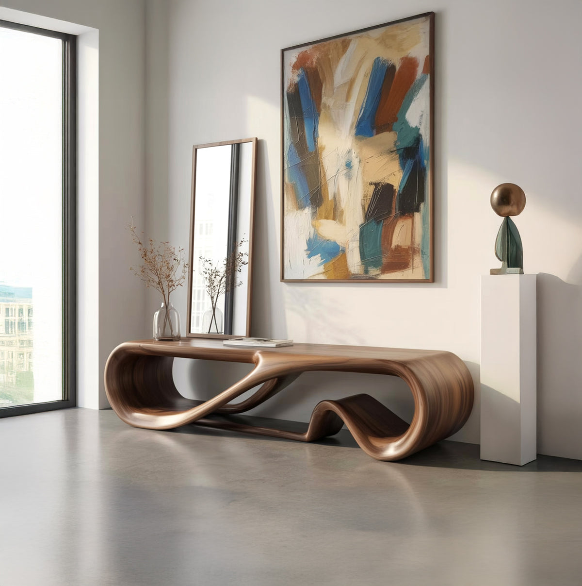 Sculptural solid wood bench with organic wave design