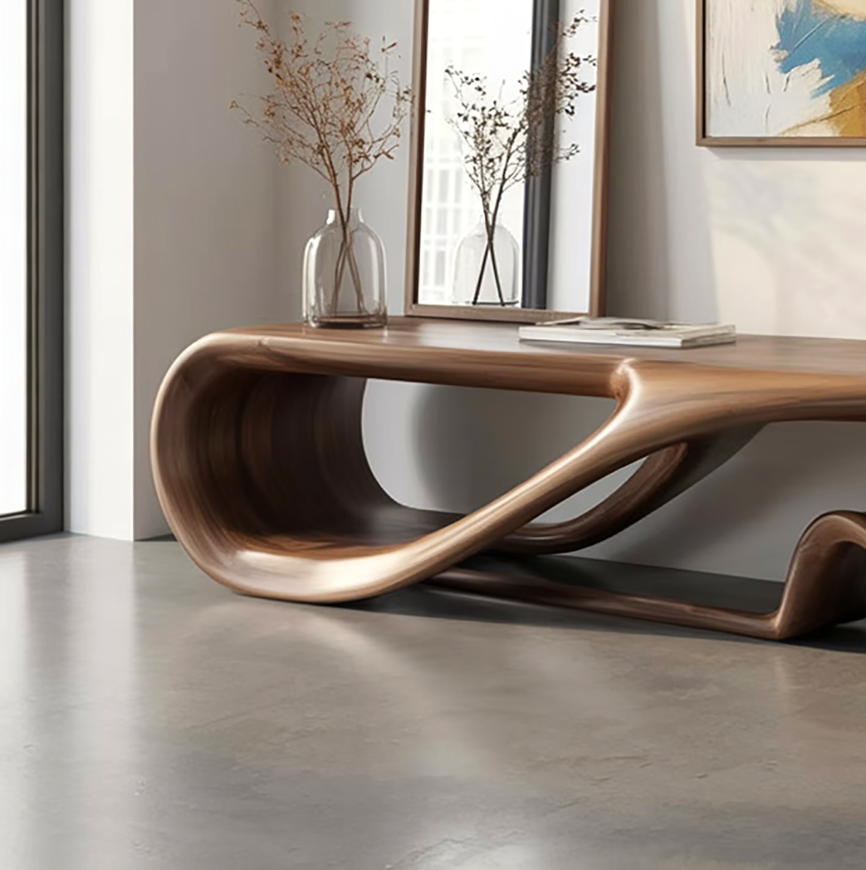 Handcrafted Solid Wood Sculptural Bench – Organic Wave Design