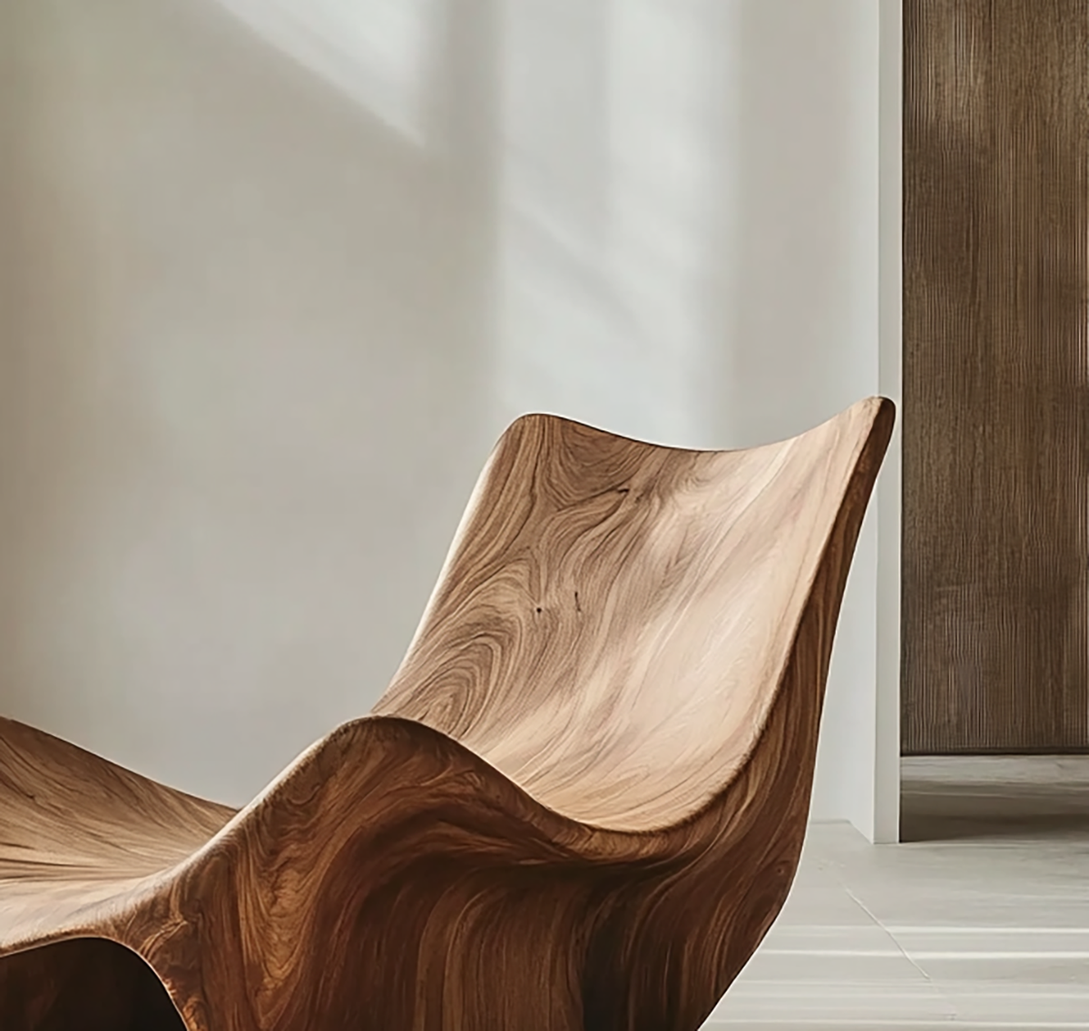 Handcrafted wooden lounge chair with curved sculptural silhouette
