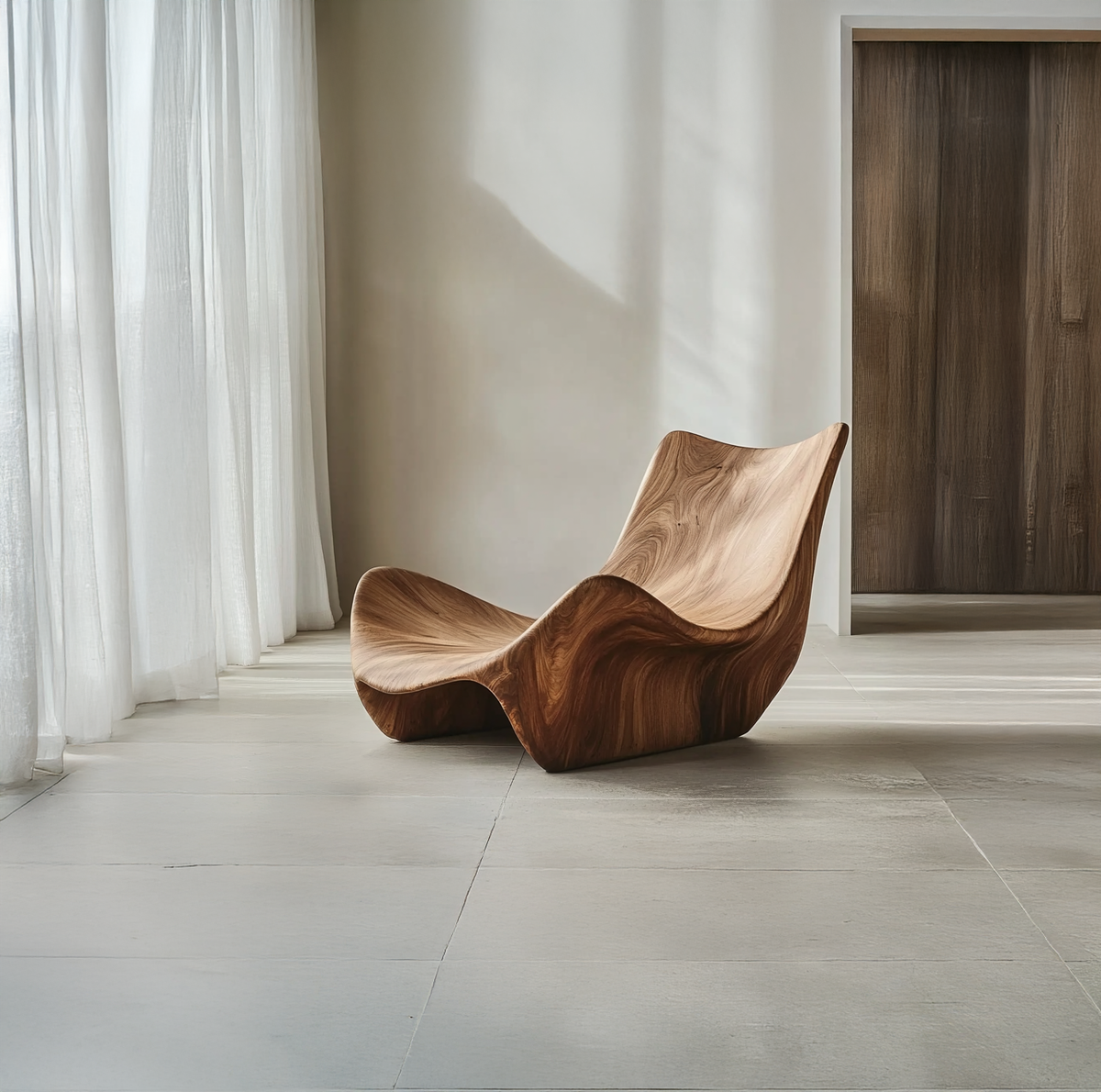 Sculptural solid wood lounge chair with organic wave design