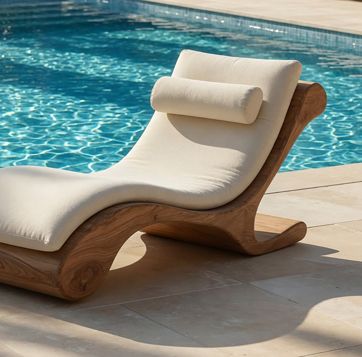 Handcrafted wooden outdoor lounge daybed with curved silhouette