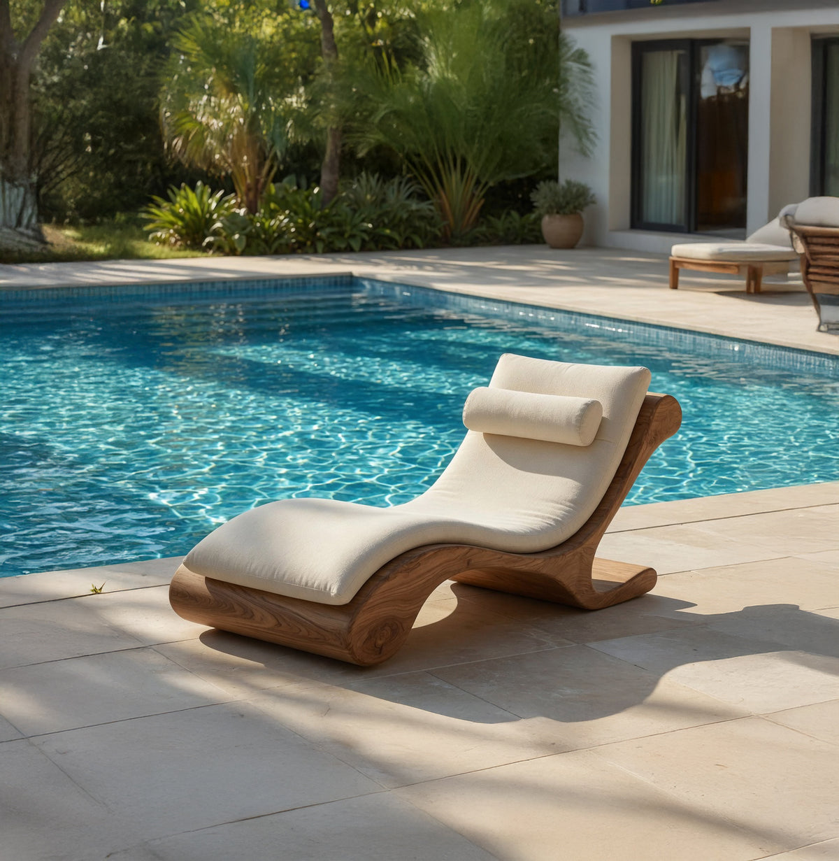 Sculptural solid wood outdoor daybed with organic wave design
