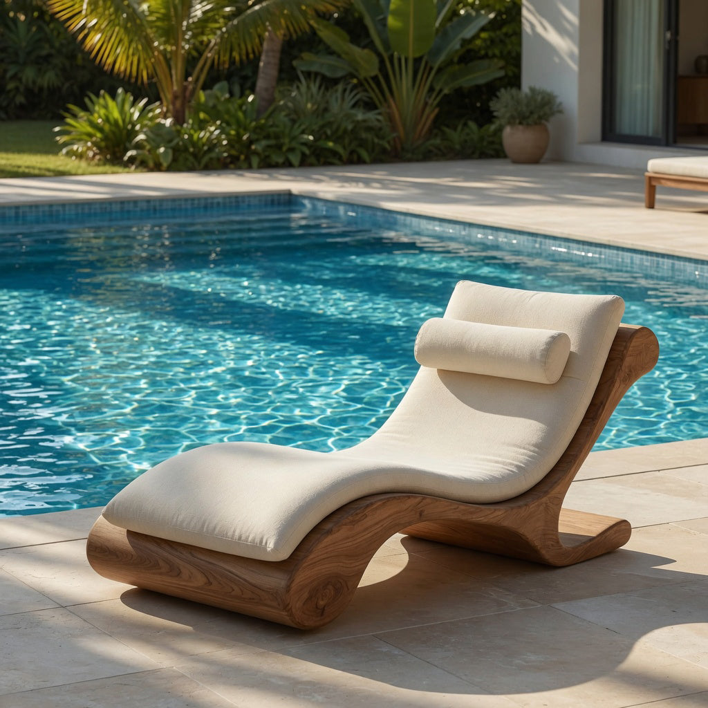 Solid wood daybed with sculptural design for outdoor living
