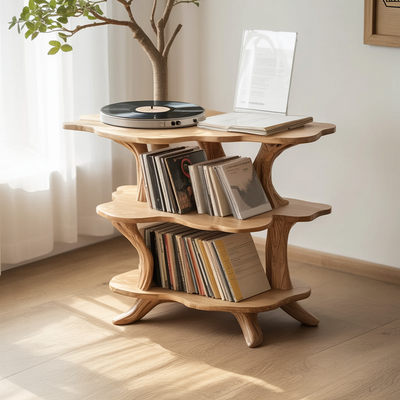 Handcrafted Solid Wood Sculptural Record Player Stand Organic Wave Multi-Level Shelf
