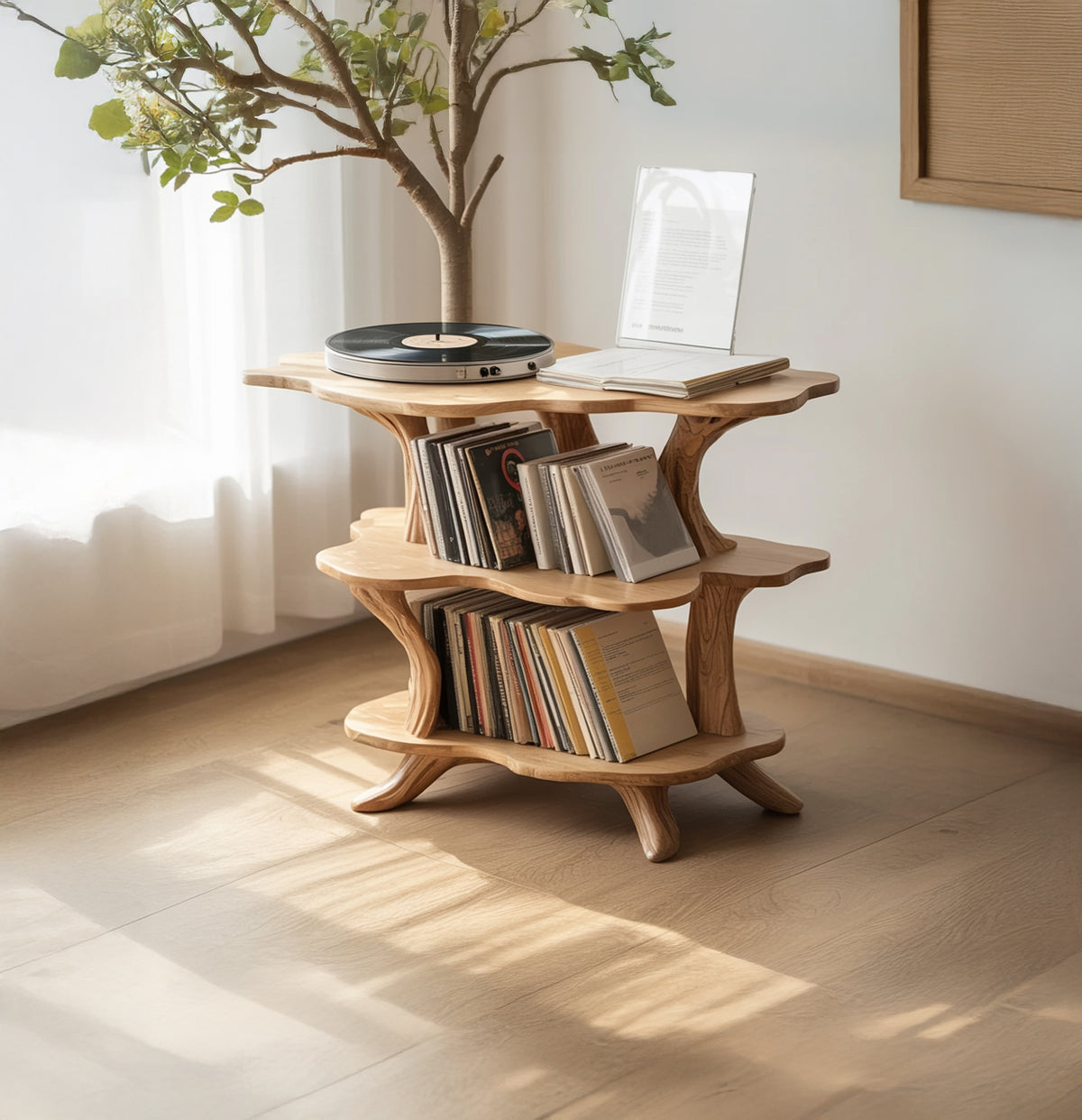 Organic wave record player stand with sculptural multi level shelf