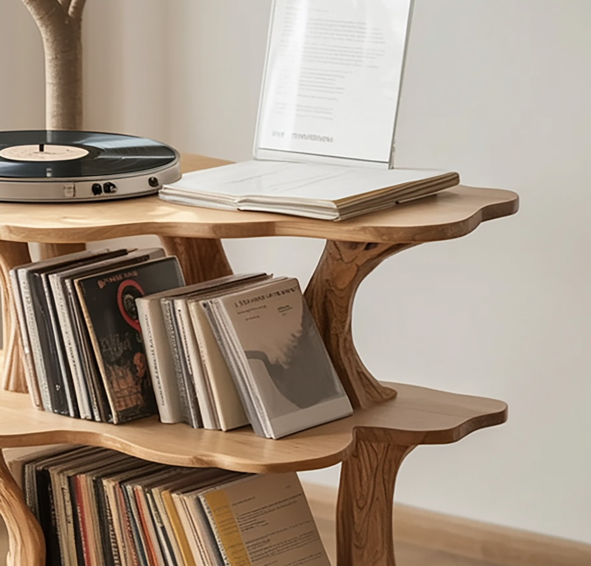 Handcrafted solid wood turntable stand with vinyl storage