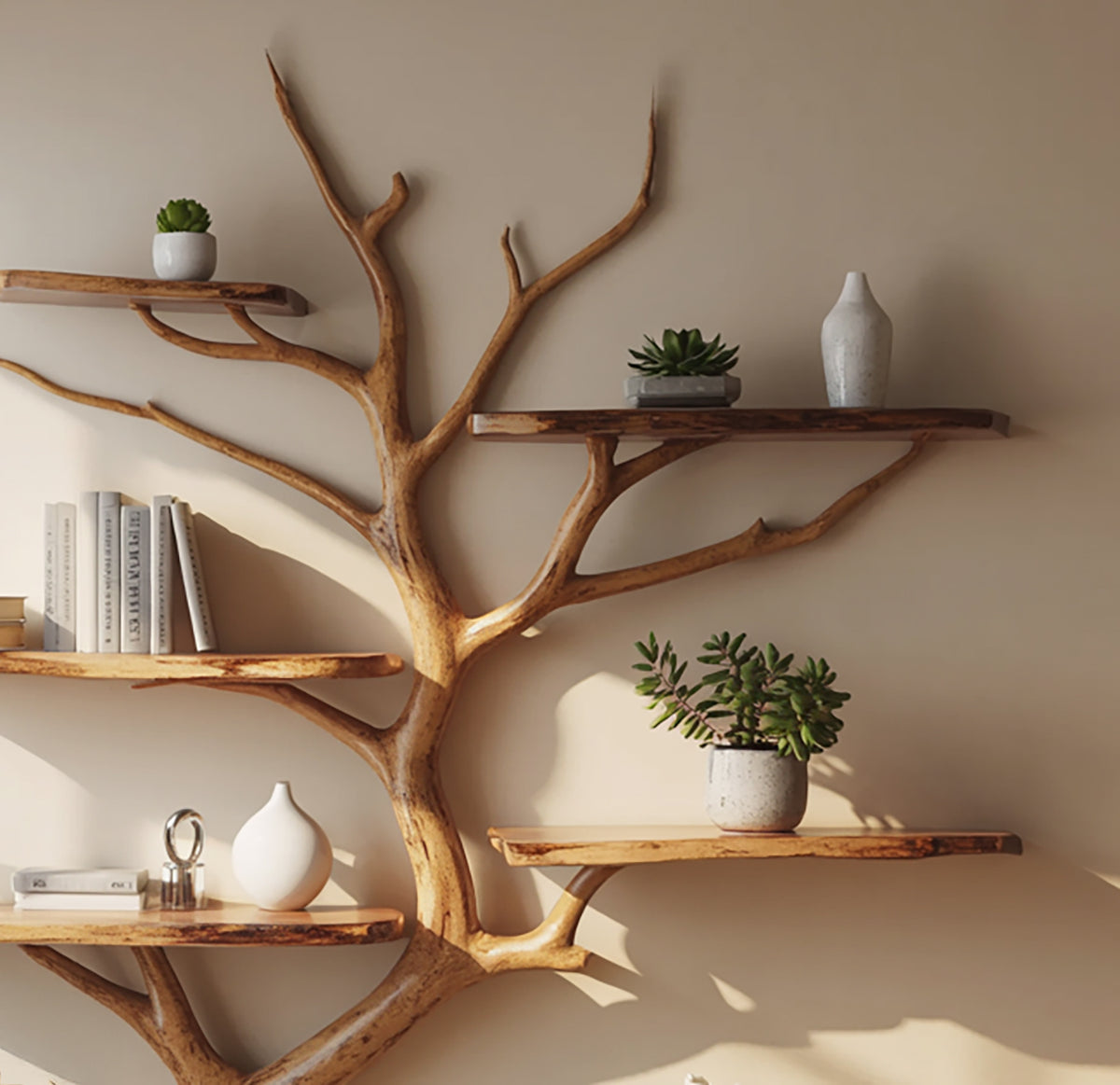Handmade wooden tree bookshelf for books and decor display