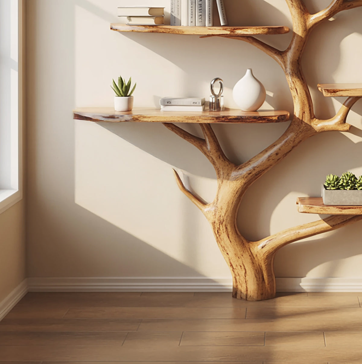 Solid wood wall shelf with artistic tree inspired design