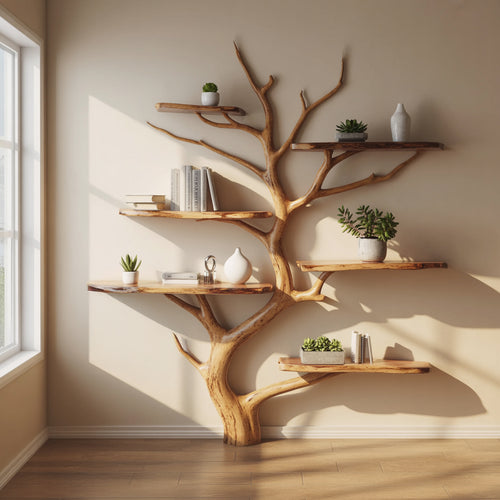Handcrafted Solid Wood Sculptural Tree Bookshelf Wall Shelf