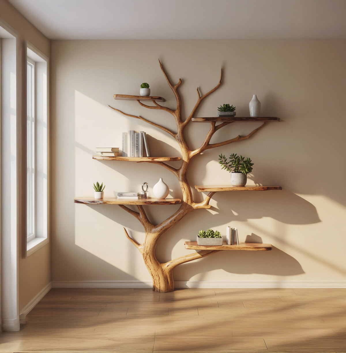 Sculptural tree bookshelf handcrafted from solid wood