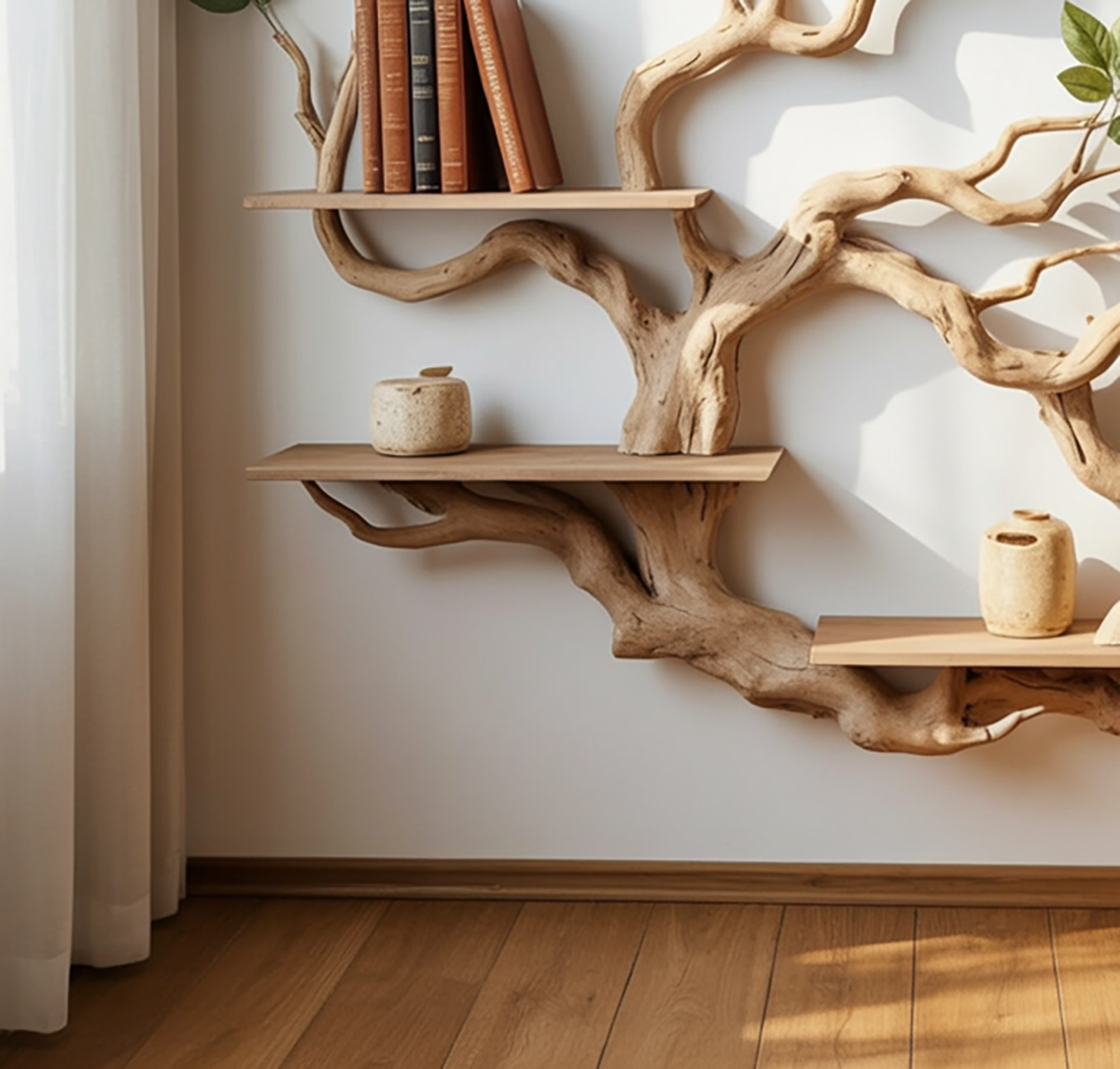 Solid wood wall shelf with decorative leaf accents