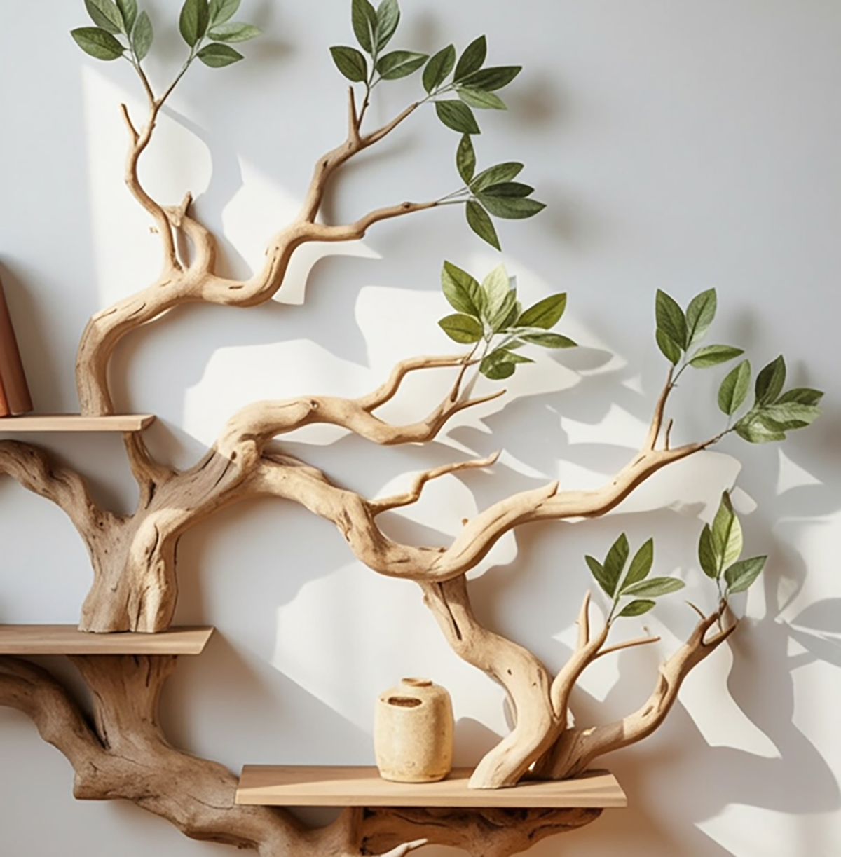 Tree branch wall shelf with handcrafted sculptural wood design