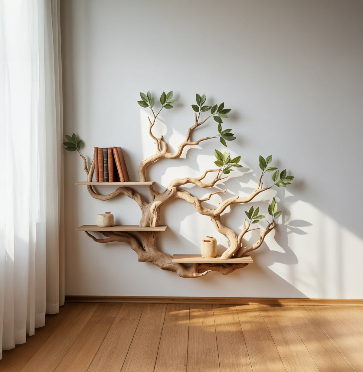 Handcrafted Solid Wood Sculptural Tree Branch Wall Shelf with Leaves