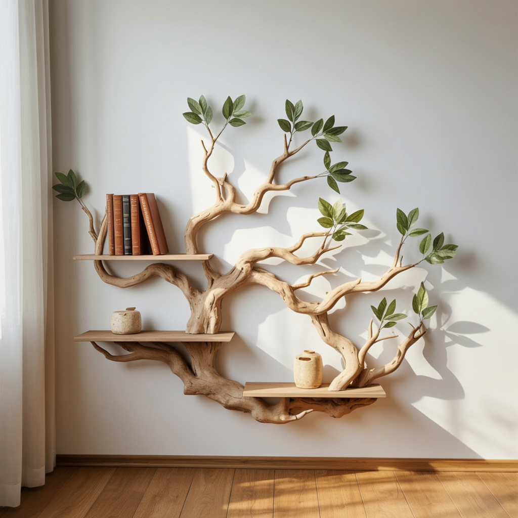 Wall tree bookshelf holding brown books above a sunlit hardwood floor