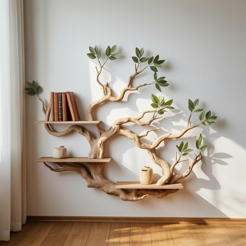 Handcrafted Solid Wood Sculptural Tree Branch Wall Shelf with Leaves