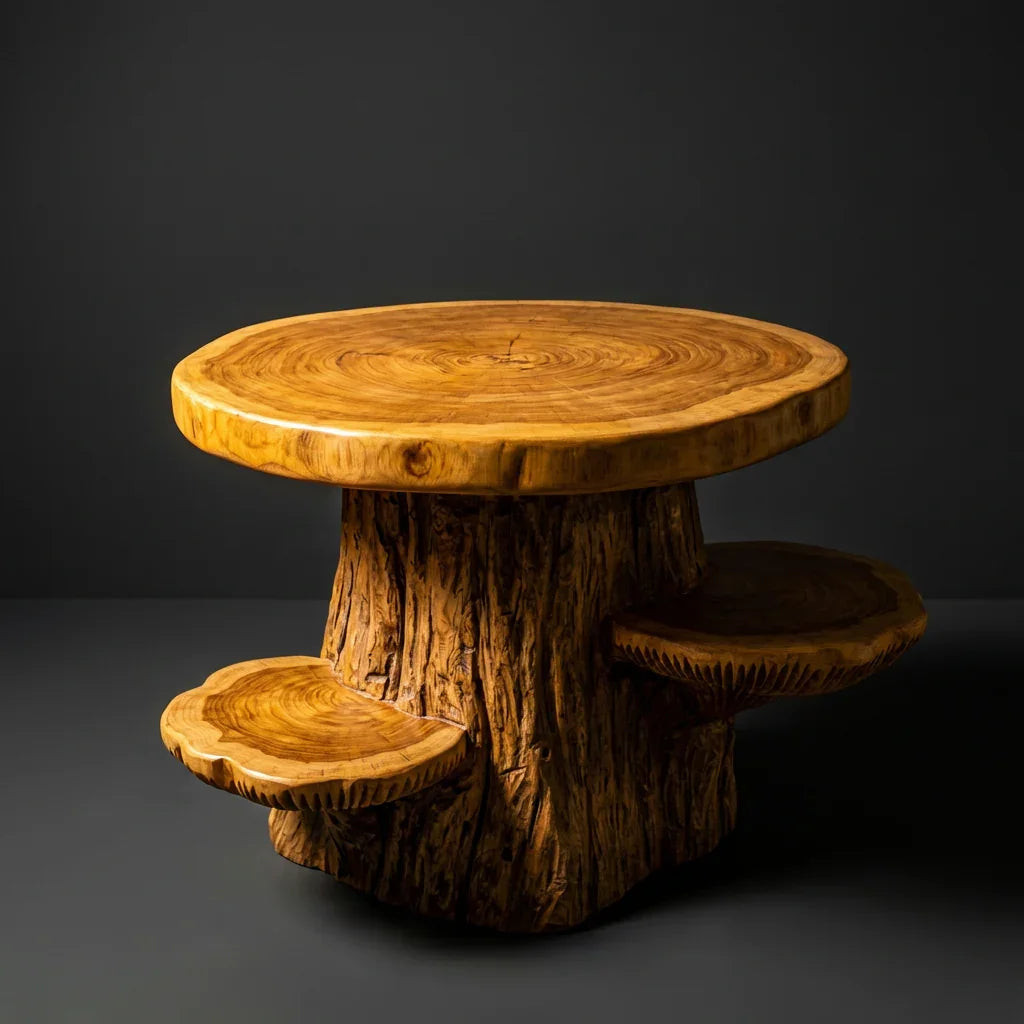 Mushroom Tree Side Table with Round Top and 2 Cap Shelves, Handcrafted Two-Tone Solid Wood Table for Living Room, Bedroom, Sofa Side - Ashdeco 2026