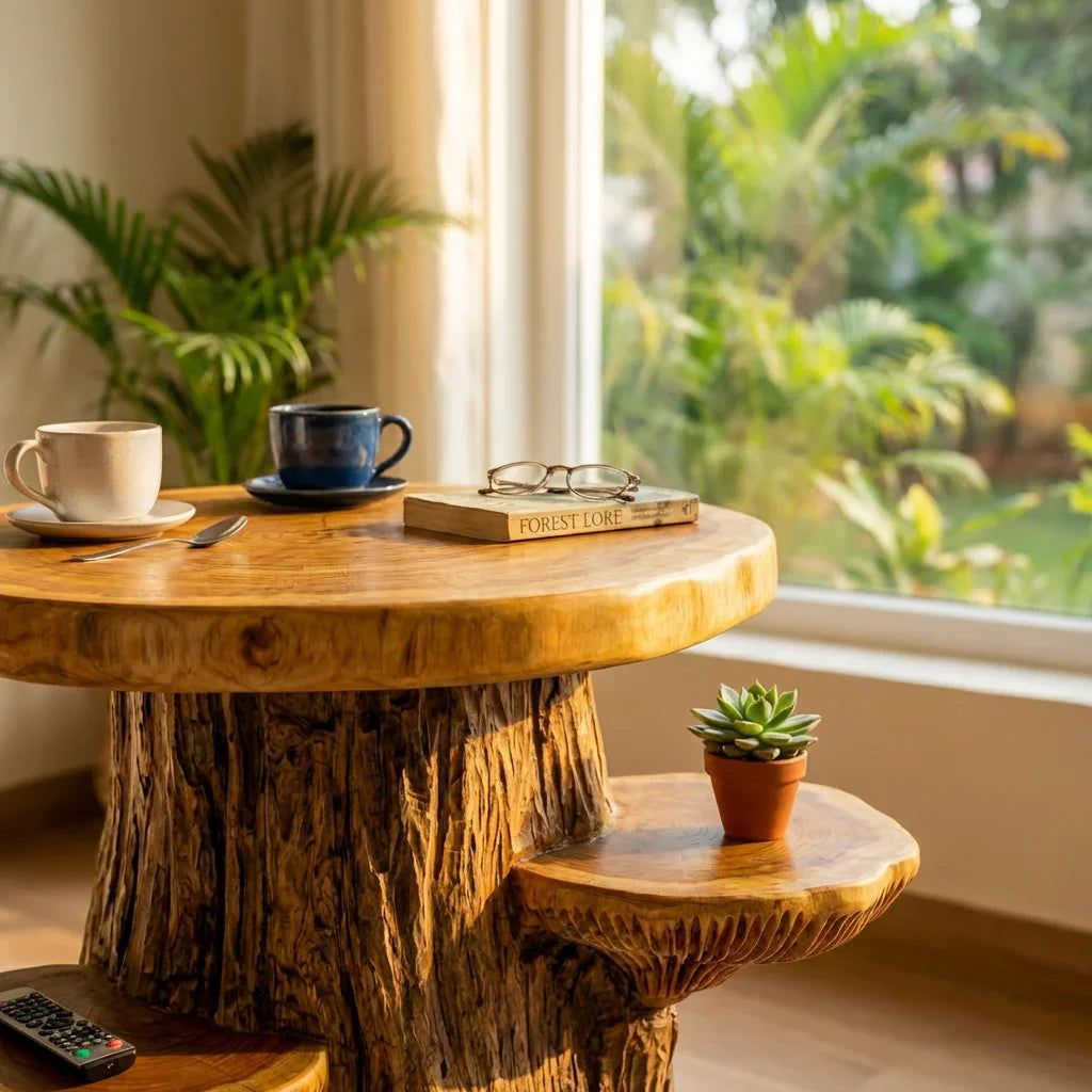 Mushroom Tree Side Table with Round Top and 2 Cap Shelves, Handcrafted Two-Tone Solid Wood Table for Living Room, Bedroom, Sofa Side - Ashdeco 2026