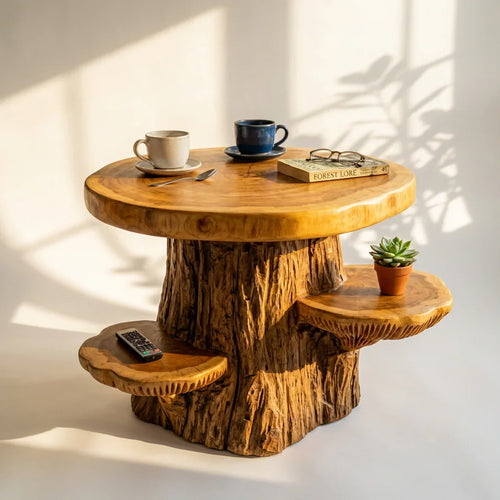Mushroom Tree Side Table with Round Top and 2 Cap Shelves, Handcrafted Two-Tone Solid Wood Table for Living Room, Bedroom, Sofa Side