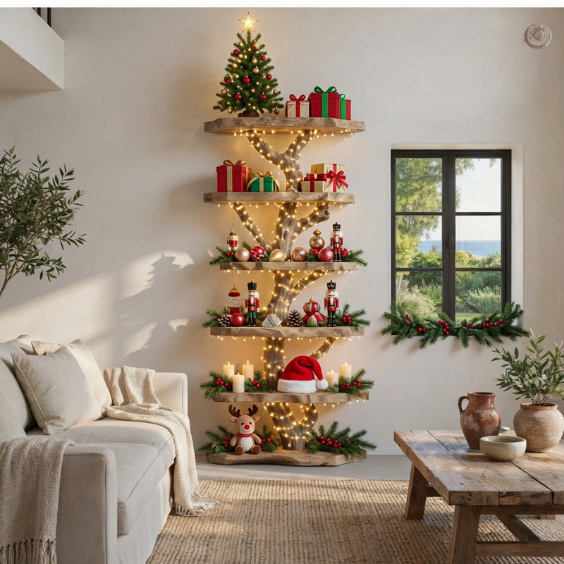 Handcrafted Tree-Inspired Christmas Solid Wood Floor Bookshelf